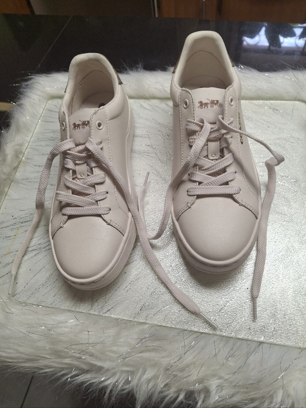 Coach Clip Leather Low-Top Lace-Up Sneakers Chalk Khaki Women Size 7 - Picture 5 of 16